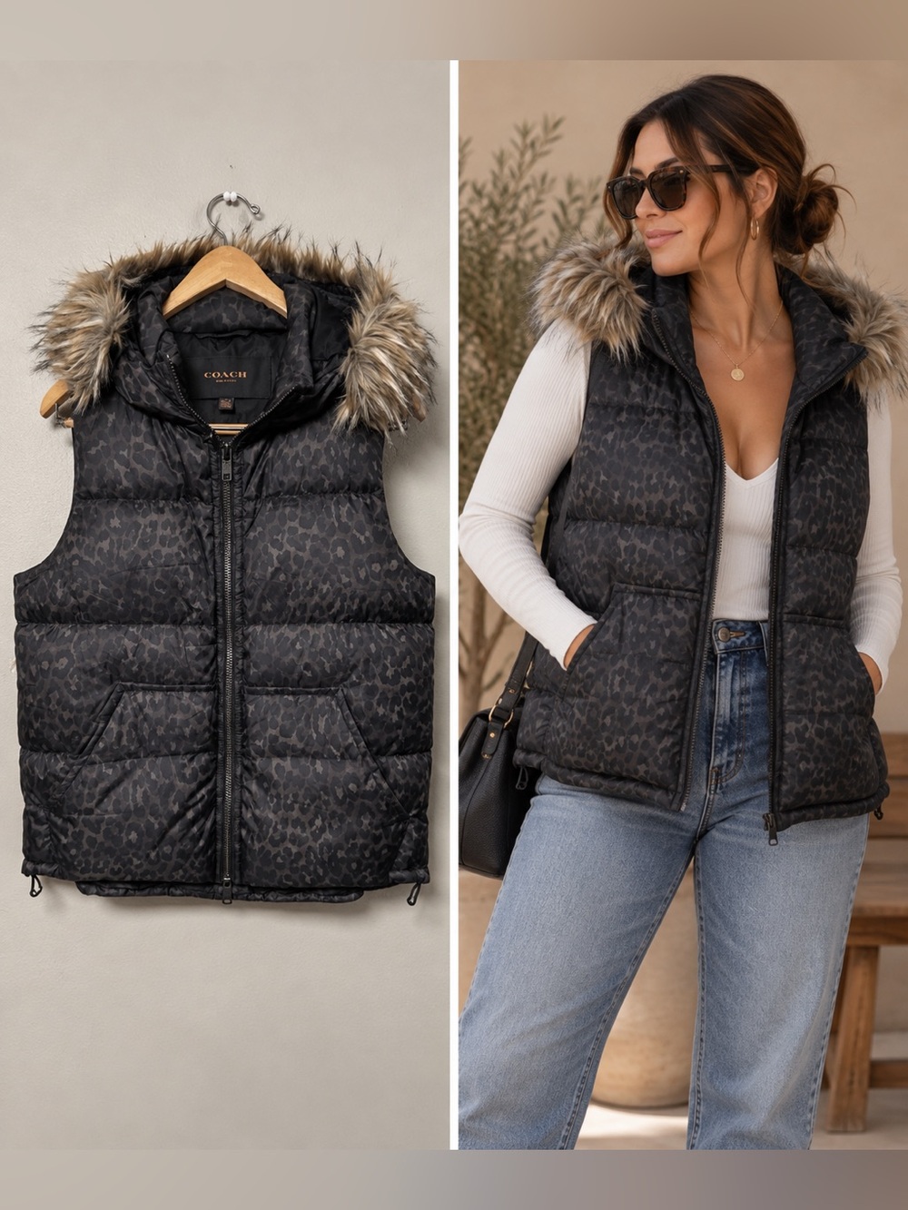 Coach Black Cheetah Print Quilted Down Puffer Vest Women’s medium